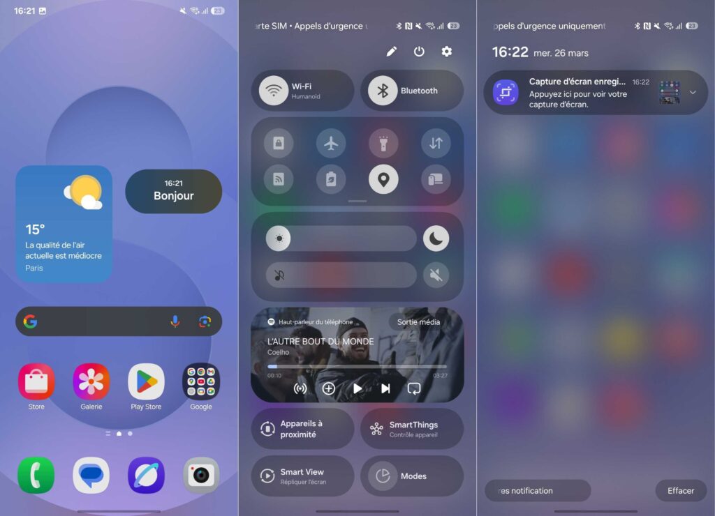 L'interface de One UI 7 où les paramètres rapides sont séparés des notifications // Source : Numerama L'interface de One UI 7 où les paramètres rapides sont séparés des notifications // Source : Numerama