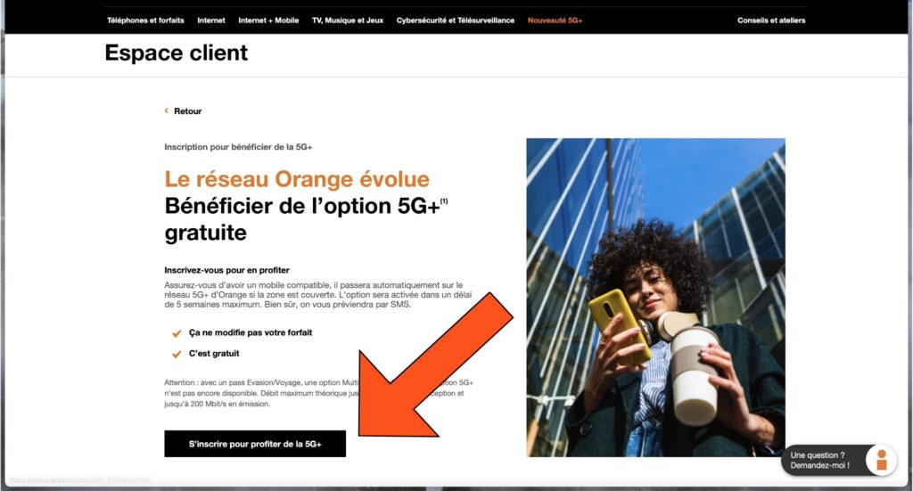 Le bouton d'inscription pour la 5G SA d'Orange Le bouton d'inscription pour la 5G SA d'Orange