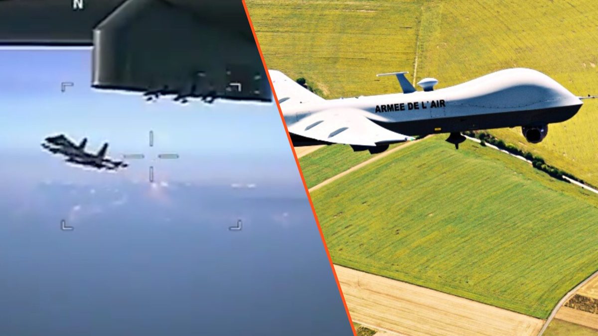 Un avion de chasse s'approche d'un drone français // Source : Armée de l'air Un avion de chasse s'approche d'un drone français // Source : Armée de l'air