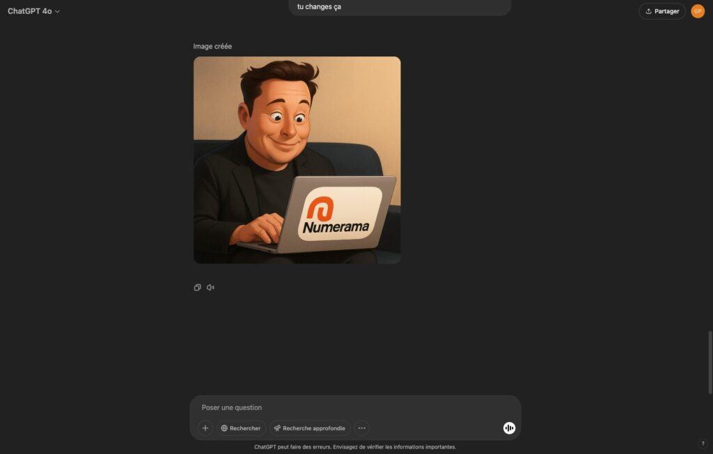 On peut demander à ChatGPT de créer un Elon Musk qui lit Numerama // Source : Numerama On peut demander à ChatGPT de créer un Elon Musk qui lit Numerama // Source : Numerama