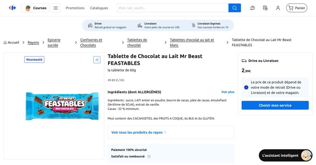 Les Feastables sur le site de Carrefour // Source : Numerama Les Feastables sur le site de Carrefour // Source : Numerama