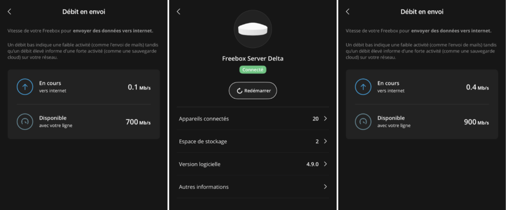 Exemple avec la Freebox Delta : après installation de la mise à jour 4.9.0 de FreeboxOS, notre débit montant est passé de 700 Mb/s à 900 Mb/s. // Source : Numerama