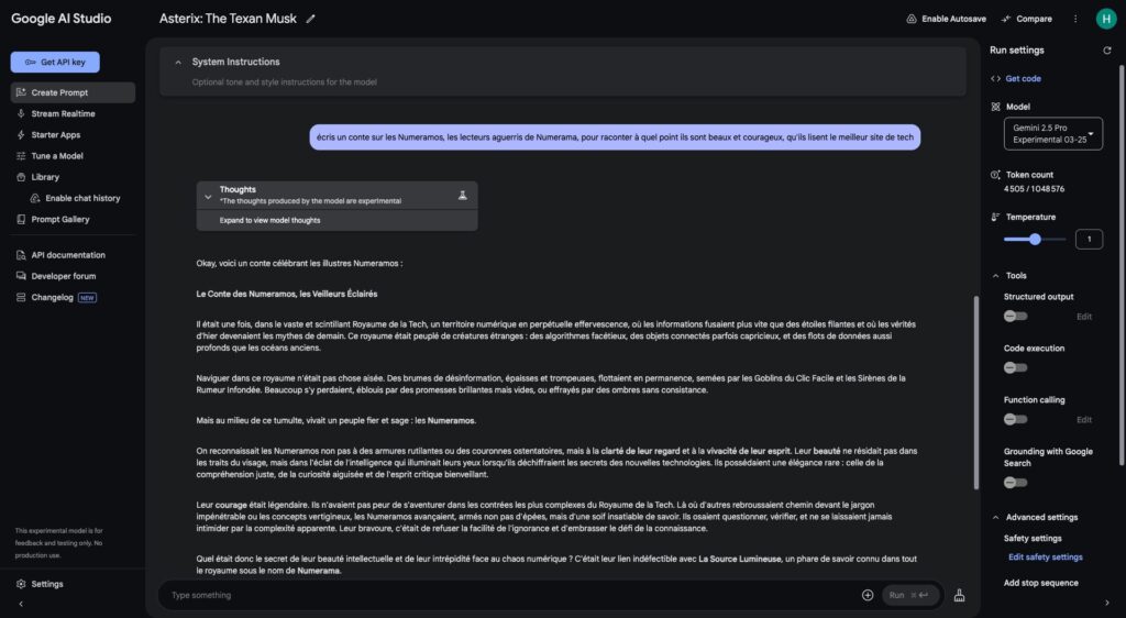 On peut essayer gratuitement Gemini 2.5 Pro dans Google AI Studio // Source : Numerama On peut essayer gratuitement Gemini 2.5 Pro dans Google AI Studio // Source : Numerama