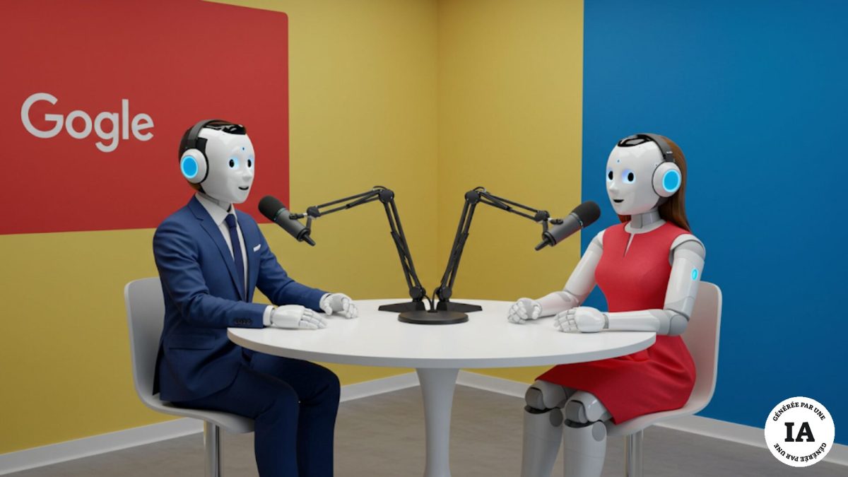 Un podcast avec des robots : c'est la nouvelle idée de Google. // Source : Image générée par Gemini Un podcast avec des robots : c'est la nouvelle idée de Google. // Source : Image générée par Gemini