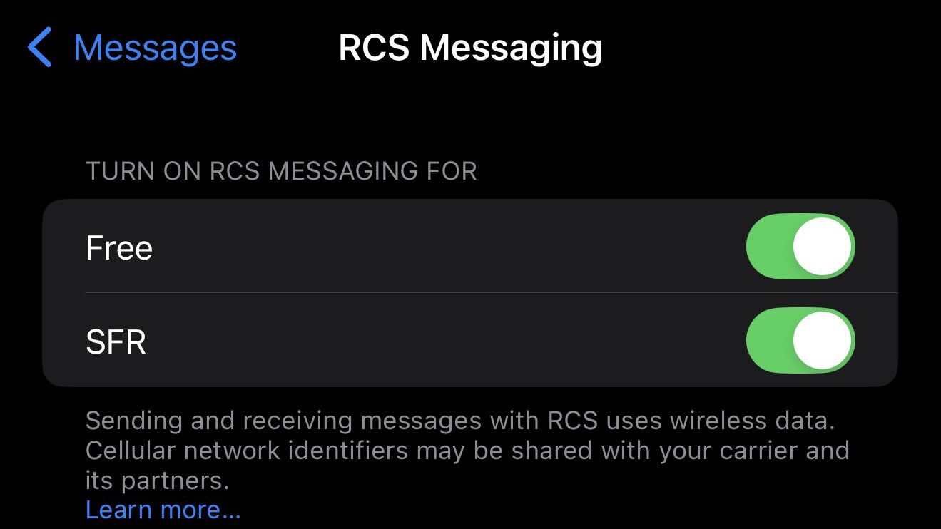 Les réglages RCS dans iOS 18.2. // Source : Capture Numerama