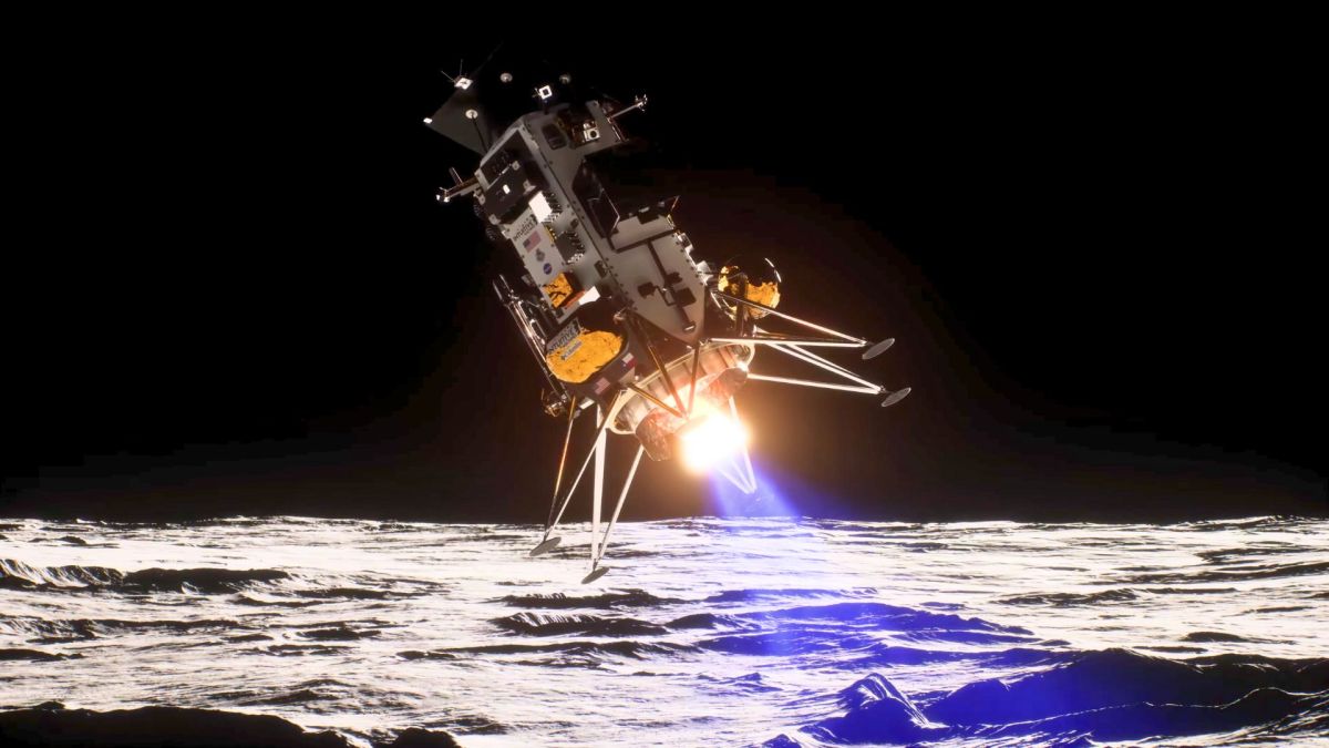 Vue d'artiste de l'atterrissage d'IM-2 sur la Lune. // Source : Capture d'écran YouTube Intuitive Machines Vue d'artiste de l'atterrissage d'IM-2 sur la Lune. // Source : Capture d'écran YouTube Intuitive Machines