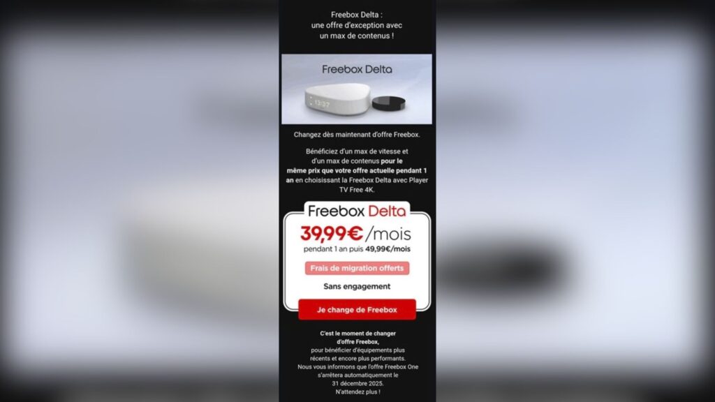 Le mail de Free à ses abonnés pour annoncer la fin de la Freebox One // Source : Tiino-X83 via X Le mail de Free à ses abonnés pour annoncer la fin de la Freebox One // Source : Tiino-X83 via X