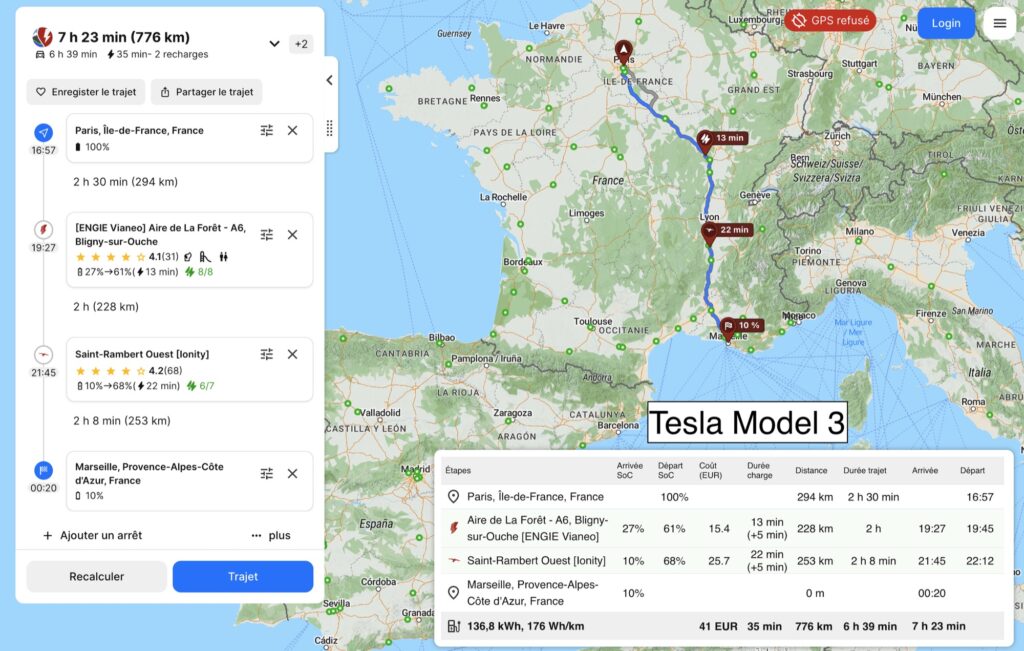 Deux recharges et 35 minutes de charge en Tesla Model 3 pour relier Marseille depuis Paris