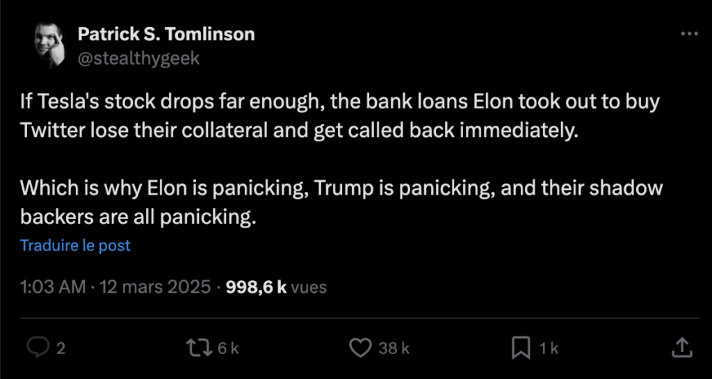 Sur Twitter, certains s'interrogent sur les conséquences de la baisse de l'action Tesla sur Musk. Sur Twitter, certains s'interrogent sur les conséquences de la baisse de l'action Tesla sur Musk.