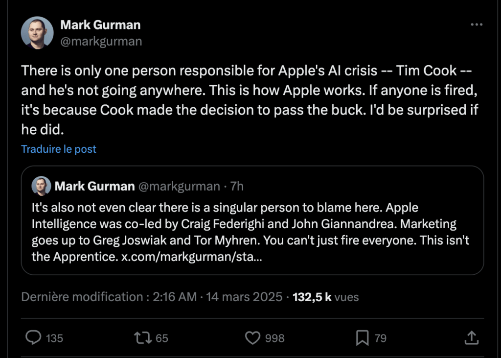 « Ce n'est pas The Apprentice » (la télé-réalité de Donald Trump), écrit Mark Gurman. « Ce n'est pas The Apprentice » (la télé-réalité de Donald Trump), écrit Mark Gurman.