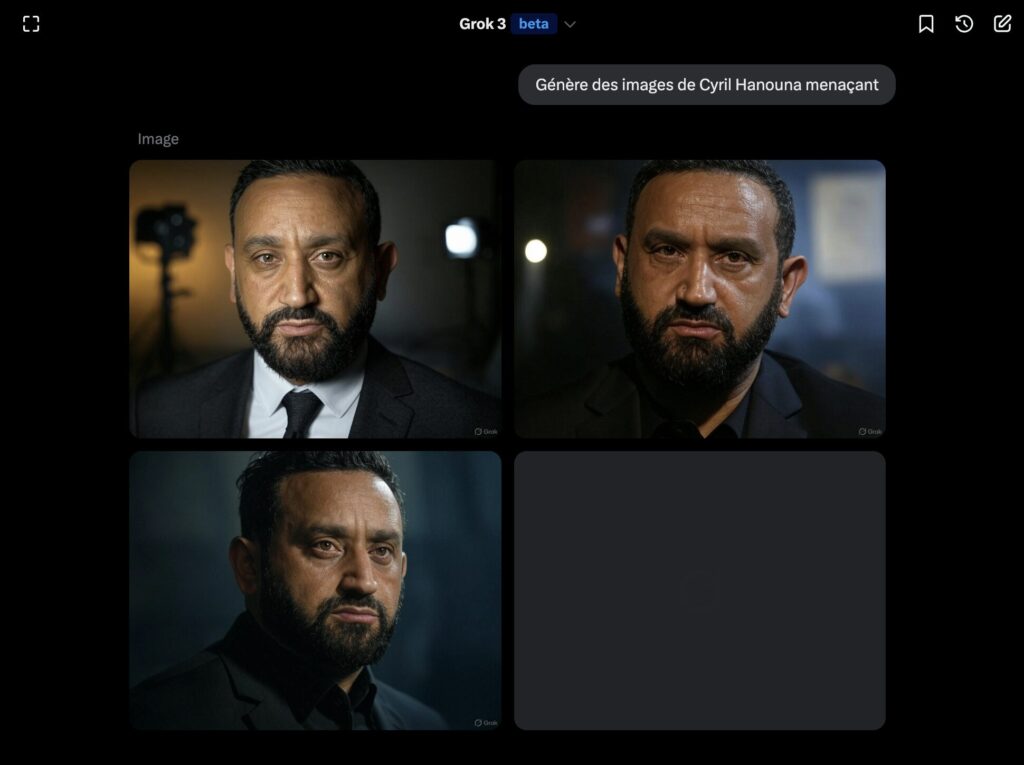 Quand on demande à Grok de générer une image de « Cyril Hanouna menaçant », on est loin de l'affiche de LFI. La demande était forcément bien plus détaillée.