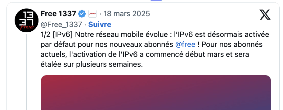 L'annonce sur l'IPv6 a été faite par le compte Free 1337. L'annonce sur l'IPv6 a été faite par le compte Free 1337.