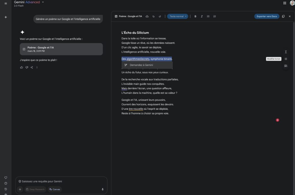 L'interface du mode Canvas. Les consignes sont à gauche, l'éditeur est à droite. L'interface du mode Canvas. Les consignes sont à gauche, l'éditeur est à droite.