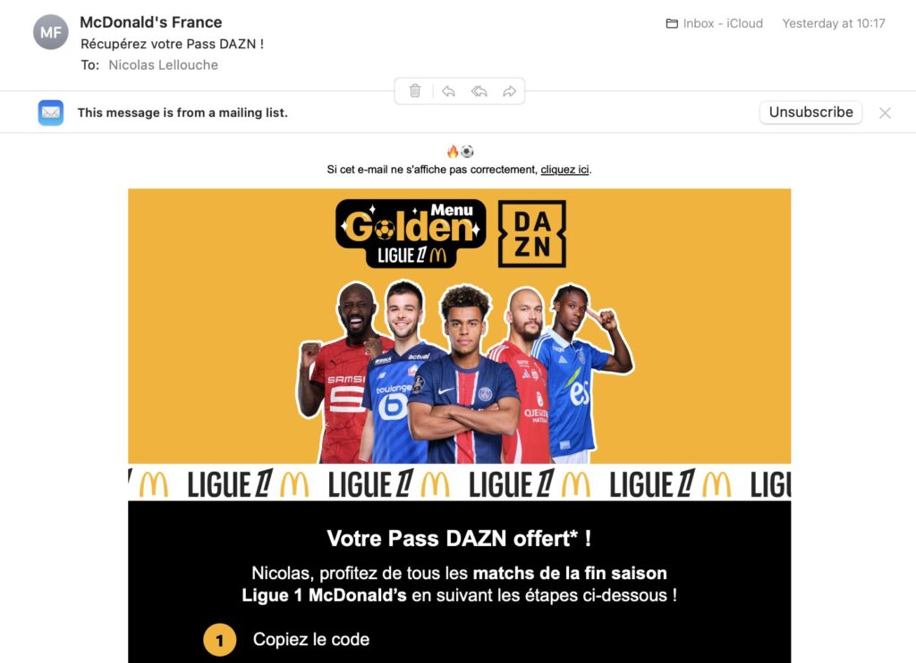 Le mail envoyé par McDo aux participants de son offre DAZN. Le mail envoyé par McDo aux participants de son offre DAZN.