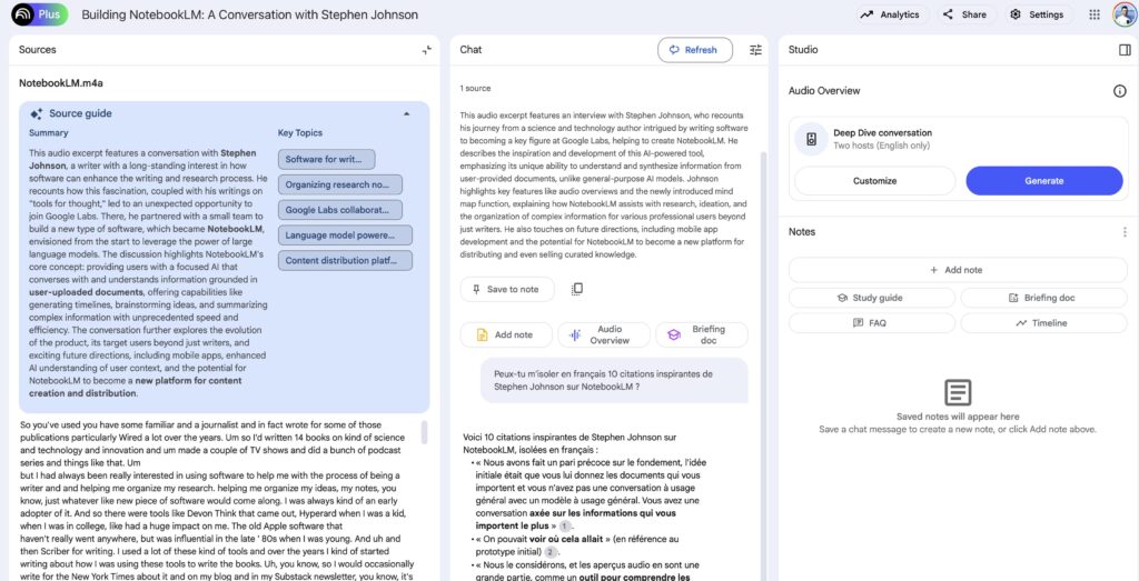 L'interface en trois colonnes de NotebookLM. L'interface en trois colonnes de NotebookLM.