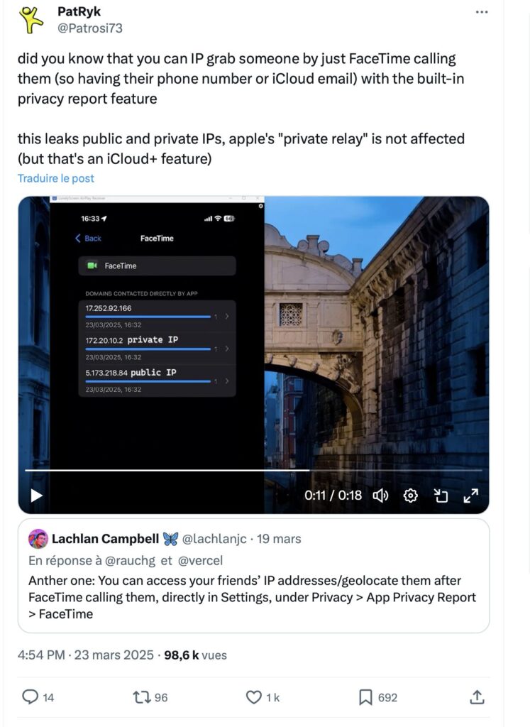 Dans ce tweet, un internaute s'étonne de voir FaceTime donner les adresses IP de ses contacts.