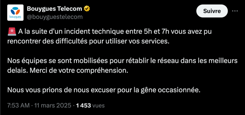 Bouygues Telecom s'excuse pour la panne sur X // Source : Numerama Bouygues Telecom s'excuse pour la panne sur X // Source : Numerama