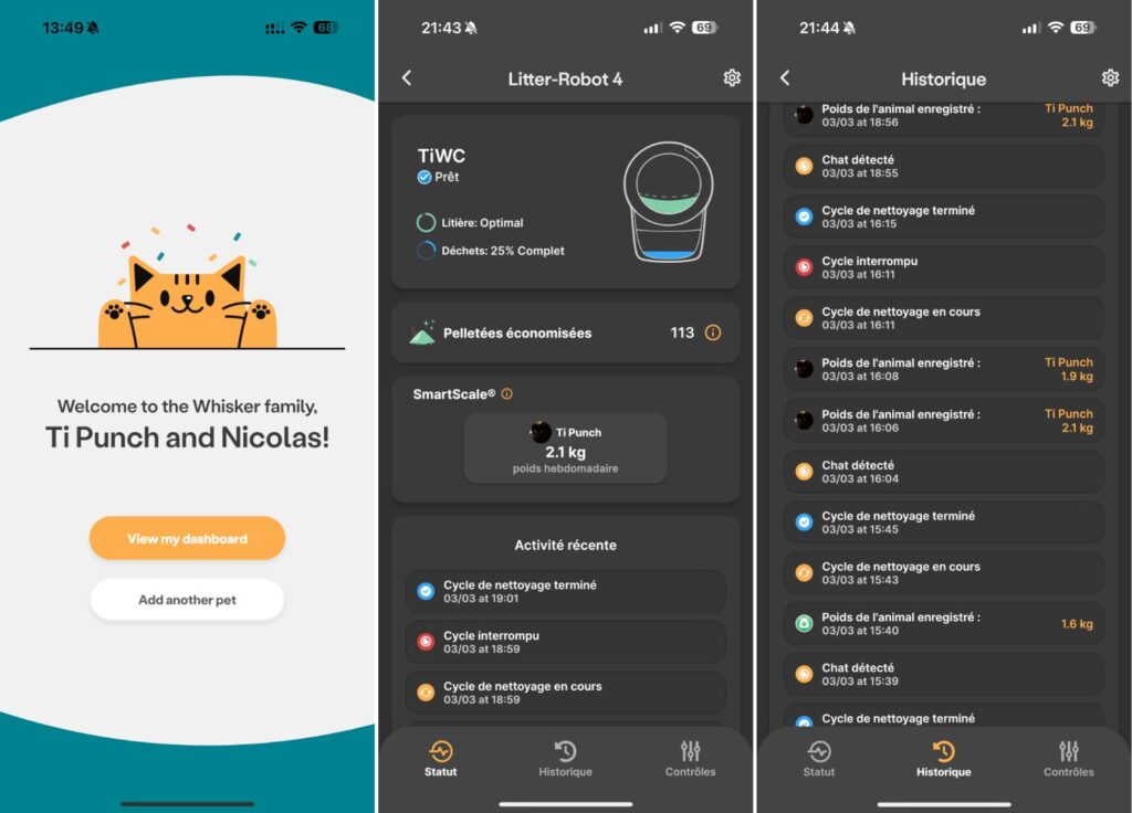 L'interface de la page d'accueil de l'application Whisker, avec l'historique du robot. L'interface de la page d'accueil de l'application Whisker, avec l'historique du robot.