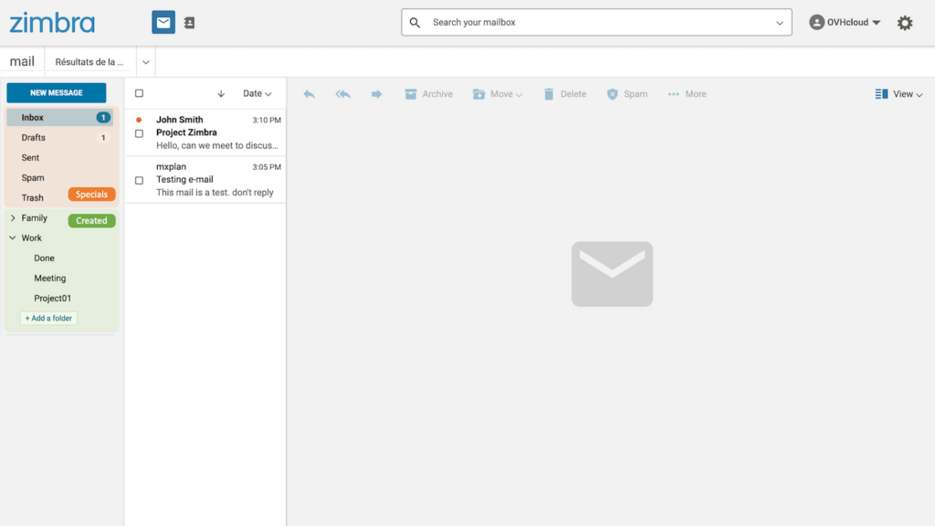 Zimbra propose une interface claire et complète qui n'a rien à envier aux messagerie traditionnelles // Source : OVHcloud Zimbra propose une interface claire et complète qui n'a rien à envier aux messagerie traditionnelles // Source : OVHcloud