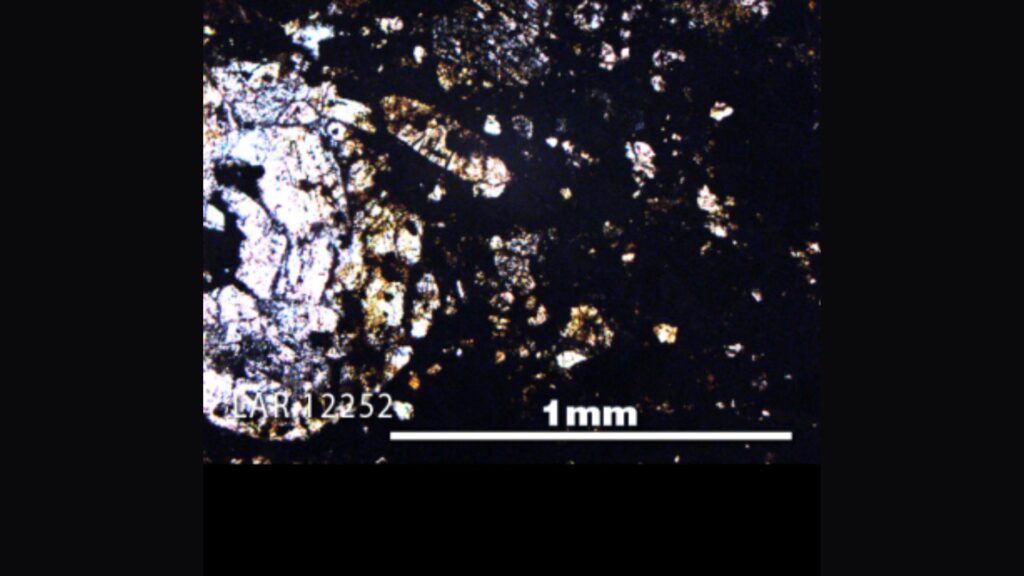 Photo en coupe mince d'un échantillon de la météorite LAR, grossit 5x et avec une lumière polarisée // Source : NASA Photo en coupe mince d'un échantillon de la météorite LAR, grossit 5x et avec une lumière polarisée // Source : NASA