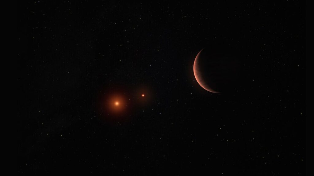 Impression d'artiste d'une exoplanète autour de deux naines brunes // Source : ESO/M. Kornmesser