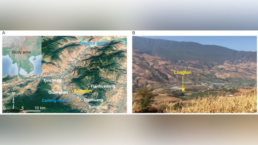 A. Carte montrant l'emplacement de la découverte de la boîte à outils Quina en Chine, à la marge sud des montagnes Hengduan du plateau tibétain. B. Vue du paysage montrant le site archéologique de Longtan. // Source : Hao Li, CC BY-ND A. Carte montrant l'emplacement de la découverte de la boîte à outils Quina en Chine, à la marge sud des montagnes Hengduan du plateau tibétain. B. Vue du paysage montrant le site archéologique de Longtan. // Source : Hao Li, CC BY-ND