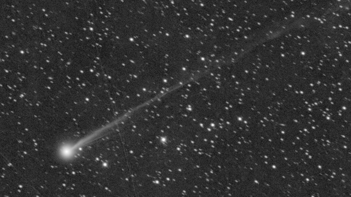 Des rayons et des plis sont apparents dans la longue queue de gaz maigre de la cométe dans cette image du 8 avril.  // Source : Gianluca Masi 