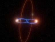 Représentation artistique de 2M1510 (AB) b, une planète en orbite perpendiculaire autour de deux naines brunes // Source : ESO/L. Calçada Représentation artistique de 2M1510 (AB) b, une planète en orbite perpendiculaire autour de deux naines brunes // Source : ESO/L. Calçada