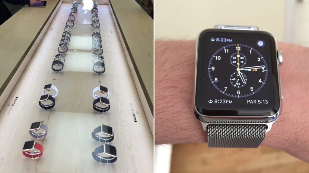 Les tables dans l'Apple Store et l'Apple Watch le 24 avril 2015.