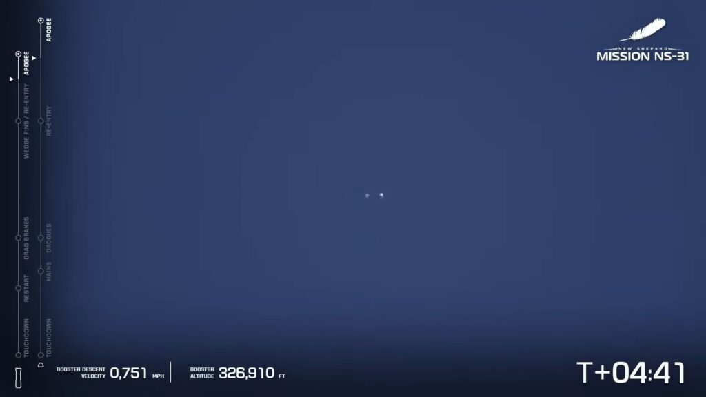 Ce petit point, c'est l'équipage dans l'espace. // Source : Capture d'écran YouTube Blue Origin Ce petit point, c'est l'équipage dans l'espace. // Source : Capture d'écran YouTube Blue Origin
