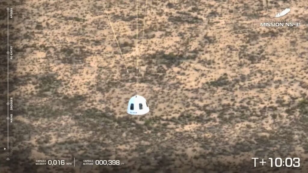 Atterrissage de la capsule. // Source : Capture d'écran YouTube Blue Origin Atterrissage de la capsule. // Source : Capture d'écran YouTube Blue Origin