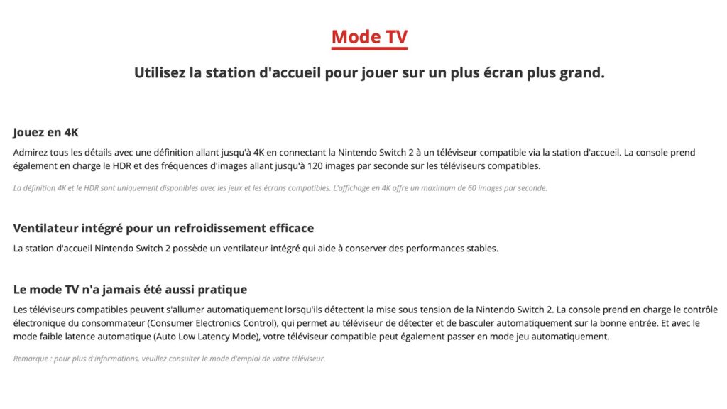 La nouvelle description du mode TV de la Switch 2 // Source : Nintendo La nouvelle description du mode TV de la Switch 2 // Source : Nintendo