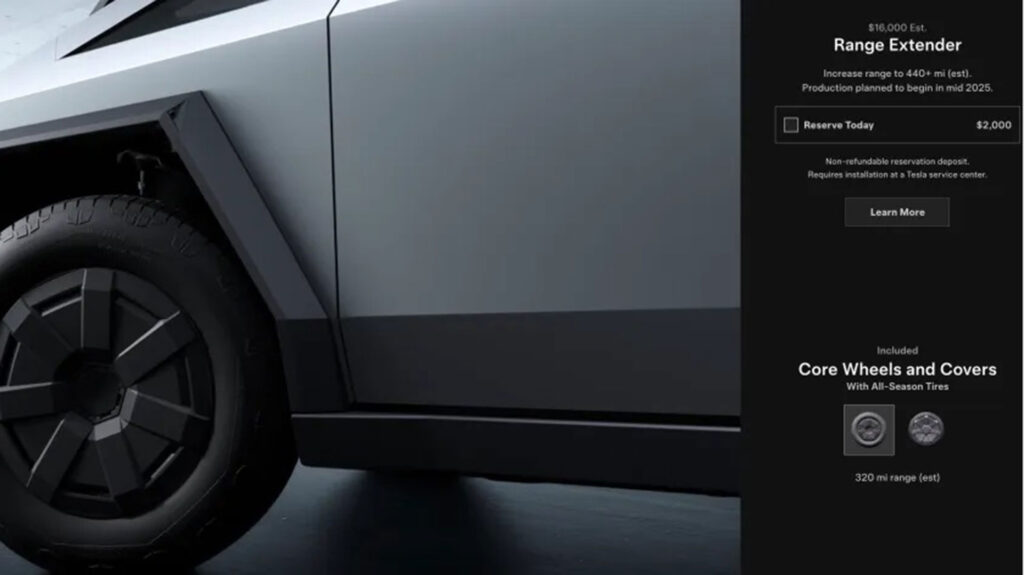 Capture site Tesla proposant l'option // Source : Electrek