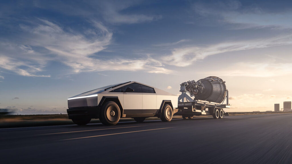 Tesla Cybertruck tractant une pièce de fusée SpaceX // Source : Tesla