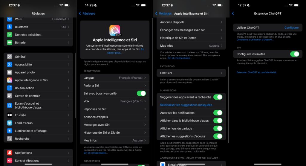Les étapes pour activer ChatGPT sur Siri // Source : Numerama Les étapes pour activer ChatGPT sur Siri // Source : Numerama