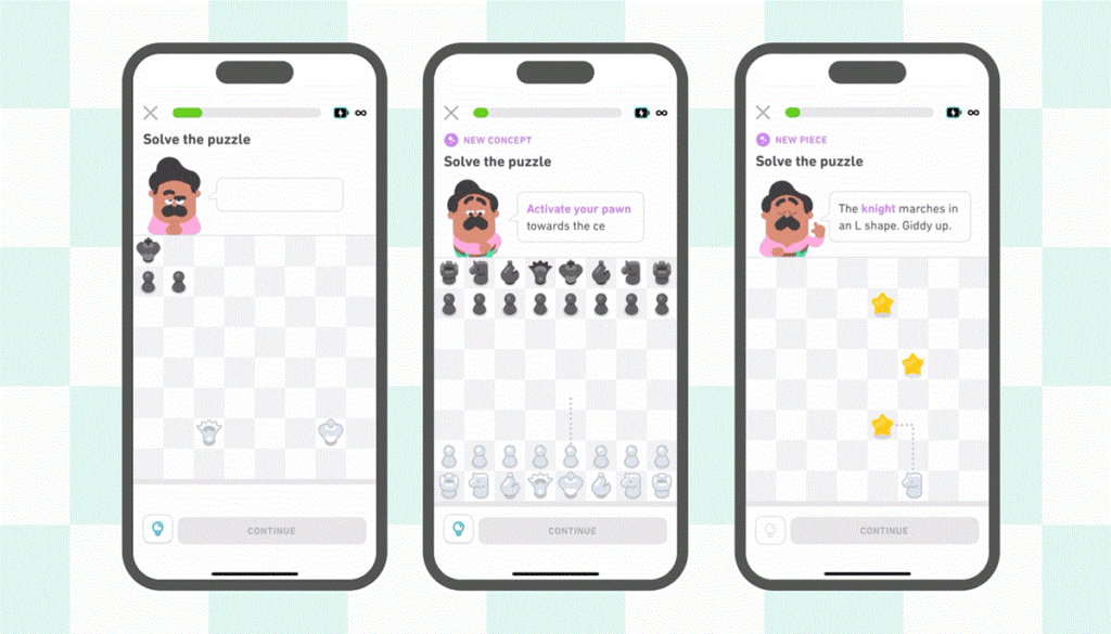 Les leçons d'échecs dans Duolingo // Source : Duolingo Les leçons d'échecs dans Duolingo // Source : Duolingo