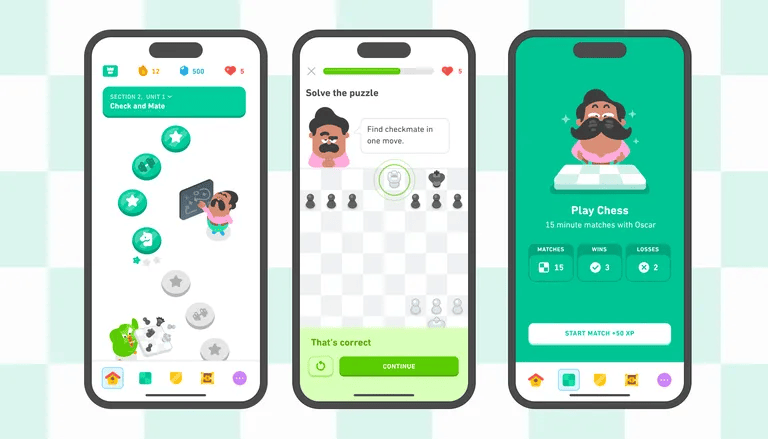 Oscar va vous apprendre à jouer aux échecs // Source : Duolingo Oscar va vous apprendre à jouer aux échecs // Source : Duolingo