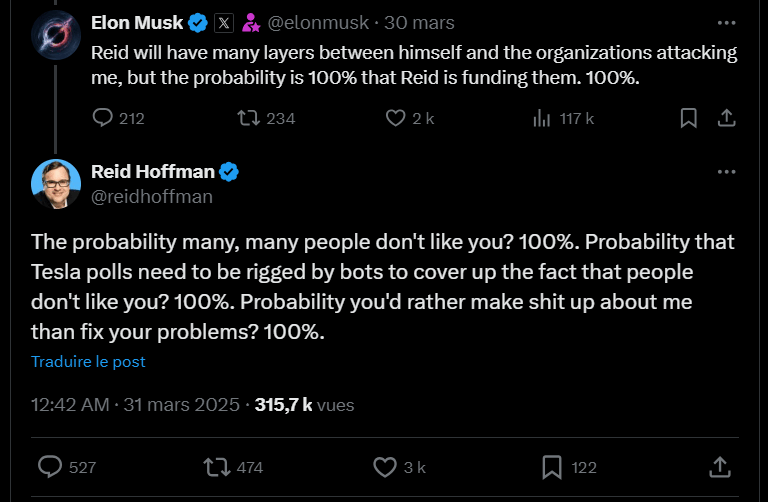 Echange sur X entre Elon Musk et Reid Hoffman // Source : Capture X Echange sur X entre Elon Musk et Reid Hoffman // Source : Capture X