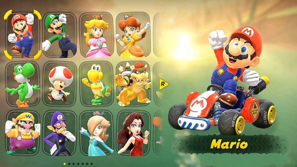 La page 1 des personnages dans Mario Kart World. La page 1 des personnages dans Mario Kart World.