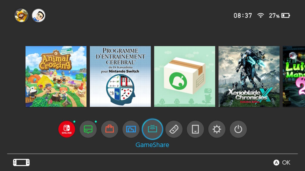 Le nouvel écran d'accueil de la Nintendo Switch, sous la version 20.0.0. Le nouvel écran d'accueil de la Nintendo Switch, sous la version 20.0.0.