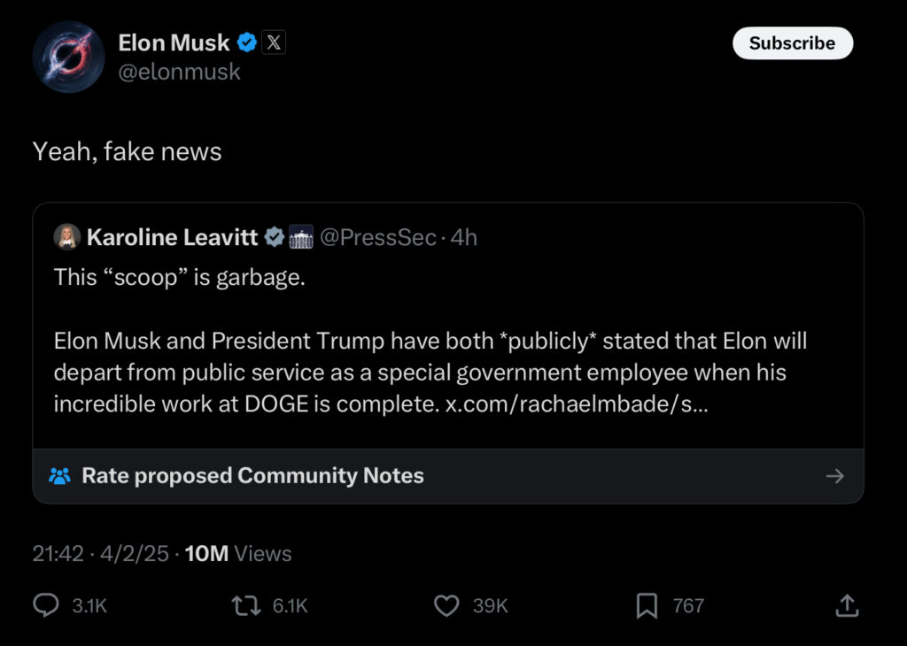 Elon Musk dément l’information de Politico. Elon Musk dément l’information de Politico.
