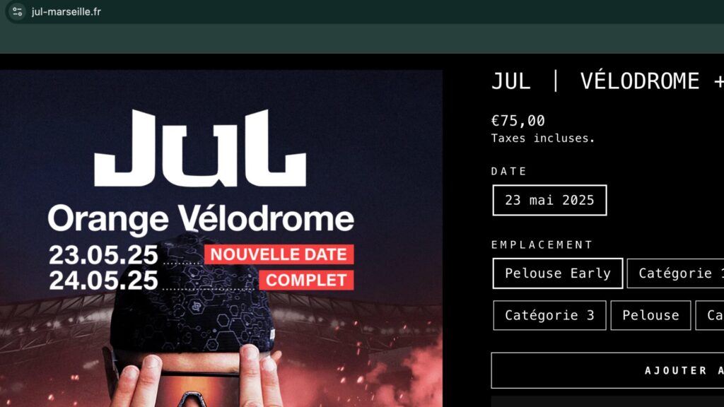 Un faux site pour le concert de Jul. // Source : Numerama Un faux site pour le concert de Jul. // Source : Numerama