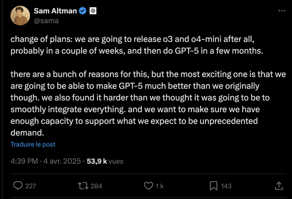 Le tweet de Sam Altman, qui annonce le retour d'o3. Le tweet de Sam Altman, qui annonce le retour d'o3.