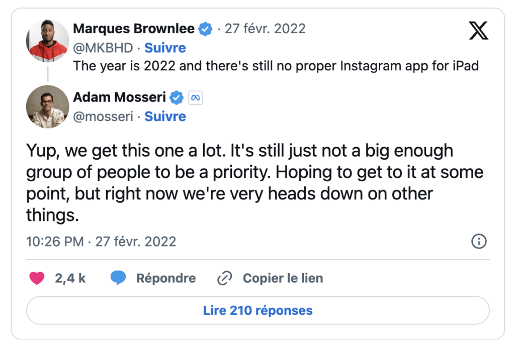 Instagram sur iPad : pas une priorité, en 2022. Instagram sur iPad : pas une priorité, en 2022.