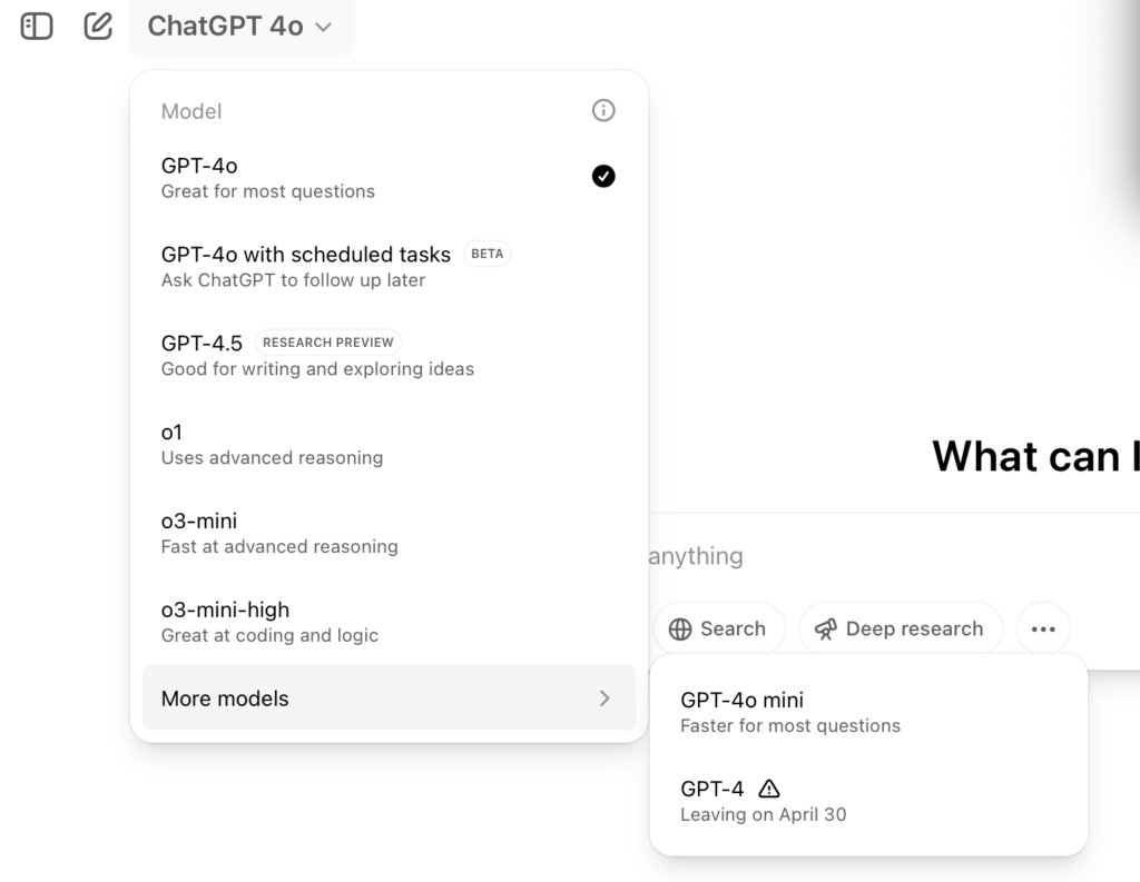 Tous les modèles disponibles dans ChatGPT.