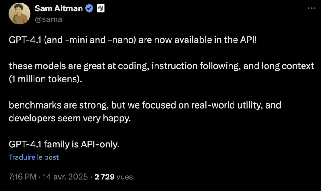 L'annonce de GPT-4.1 par Sam Altman.