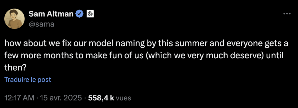 Le tweet de Sam Altman qui ironise sur les noms des modèles GPT et o. Le tweet de Sam Altman qui ironise sur les noms des modèles GPT et o.