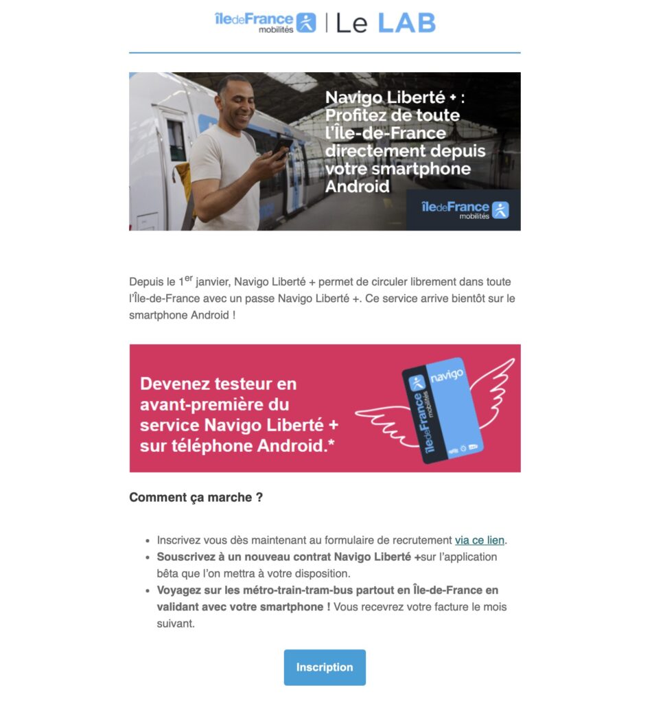 Le mail envoyé par IdFM pour s'inscrire au Navigo Liberté+ sur Android.