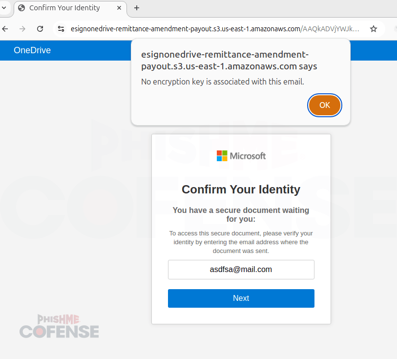 Le faux site indique à l'internaute qu'il n'a pas saisi le bon mail. // Source : Cofense