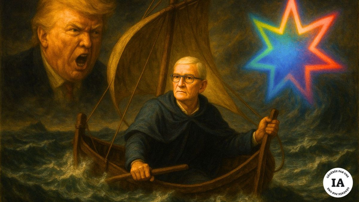 Tim Cook encerclé par Siri et Trump // Source : Création Numerama Tim Cook encerclé par Siri et Trump // Source : Création Numerama